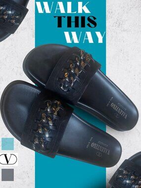 Valentino Flat Slides Sandals Chain Link Luxury Designer Shoes Size 39 EUC Black